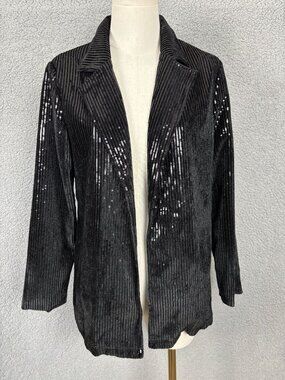 Women's Black Sequin Blazer Jacket With Striped Velvet Texture Small NWOT's